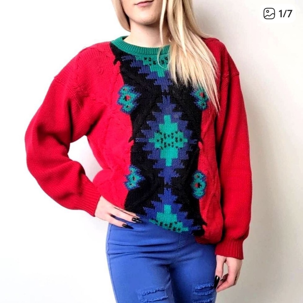 Gant Intarsia Red, Green & Black Hand Knit Cotton Sweater. Vintage Size Medium